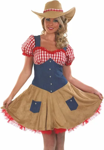 Vista 2 de fun shack Disfraz de vaquera para mujer, disfraz de vaquero occidental de Halloween para mujeres adultas, disponible en tallas S, M, L, XL, XXL