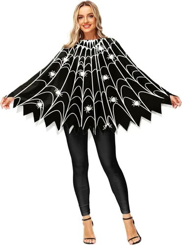Vista 5 de Disfraz de calabaza de Halloween, capa de poncho de esqueleto de telaraña