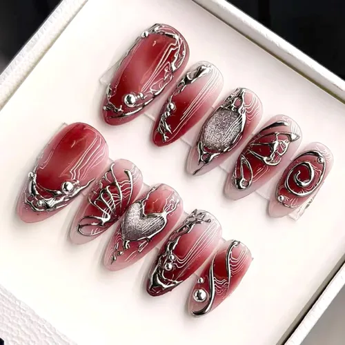 Vista 28 de 24 piezas de uñas postizas de punta francesa a presión, uñas postizas medianas en forma de almendra con diseño de ondas azul oscuro, uñas postizas