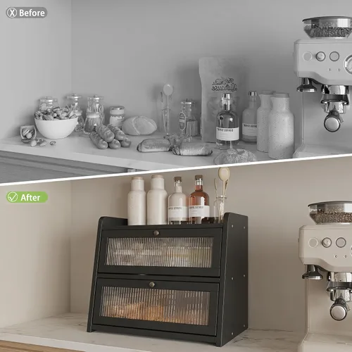 Vista 6 de Panera de bambú grande de doble capa para encimera de cocina, contenedor de almacenamiento de pan de gran capacidad de madera con soporte para pan