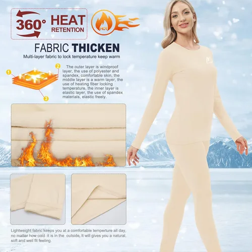 Vista 3 de MeetHoo Ropa interior térmica para mujer, conjunto de compresión de capa base cálida para invierno, forro polar, pantalones largos para correr