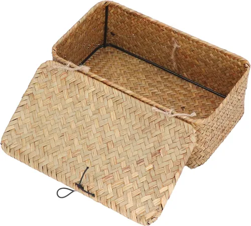 Vista 7 de Cesta de almacenamiento de hierba marina natural, cesta rectangular tejida de ratán natural con tapas, organizador de escritorio, cesta decorativa