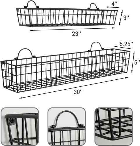 Vista 6 de MyGift Cestas de alambre de 2 piezas de 30 pulgadas para almacenamiento y organización, estantes de exhibición de metal montados en la pared negros