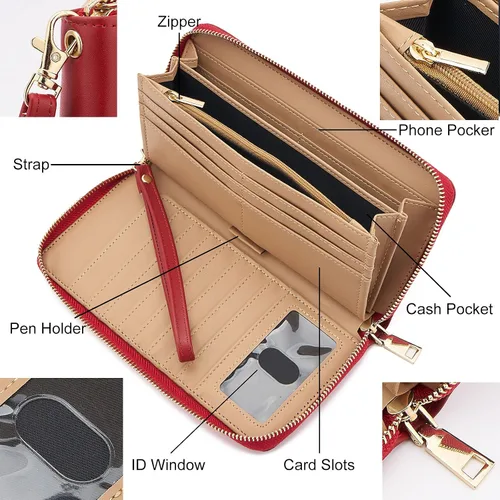 Vista 6 de WOZEAH - Cartera de piel sintética con cremallera y bloqueo RFID para mujer, ideal para viajar