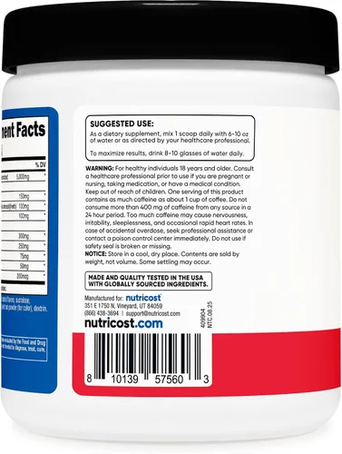 Vista 4 de Nutricost Creatina + Energía 30 porciones (sabor a ponche de fruta) - 5,000 mg de monohidrato de creatina + 350 mg de complejo energético por porción