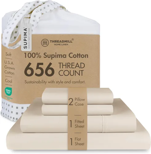 Vista 13 de Threadmill - Juego de sábanas tamaño individual 656 hilos 100% algodón Supima para colchón individual Juego de sábanas de satén sólido para cama
