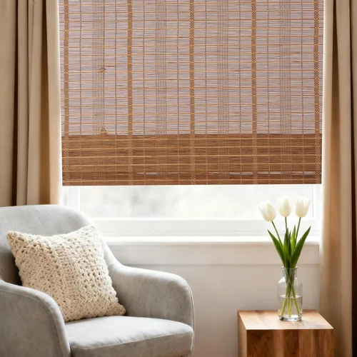 Vista 2 de Cortinas Letau de madera, estilo romano, para ventanas, con cenefa, filtran la luz Marrón almendra