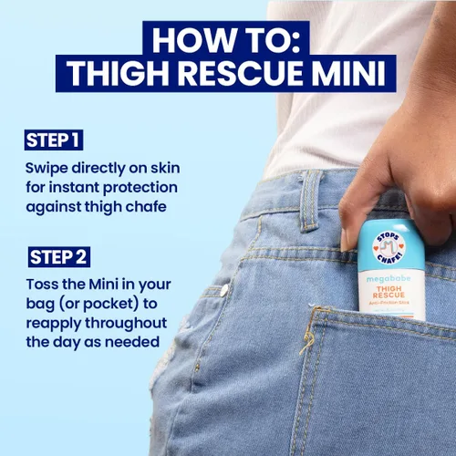 Vista 6 de Megababe Thigh Rescue Anti-Chafe Stick Mini Tamaño para viajes, ideal para llevar contigo Previene el roce y la irritación de la piel Para