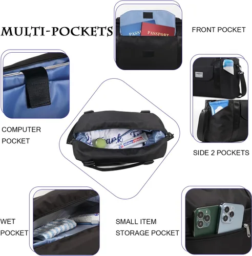 Vista 4 de SUPROMOMI Bolsa de lona de viaje, bolsa deportiva para gimnasio, bolsas de transporte para aviones, fin de semana de hombro con bolsillo húmedo