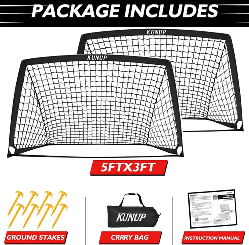 Vista 7 de Juego de 2 porterías de fútbol para niños, 5 x 3, 6 x 4, 9 x 5, red de práctica de fútbol plegable con bolsa de transporte portátil para niños