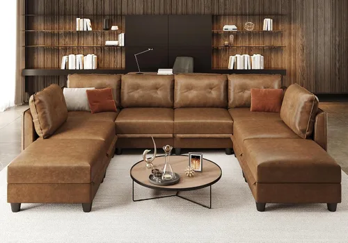 Vista 20 de LLappuil Sofá modular de cuero marrón Sofá seccional con almacenamiento
