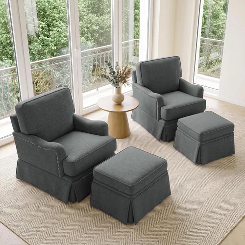 Vista 32 de Silla decorativa giratoria con otomana de almacenamiento, gris a rayas
