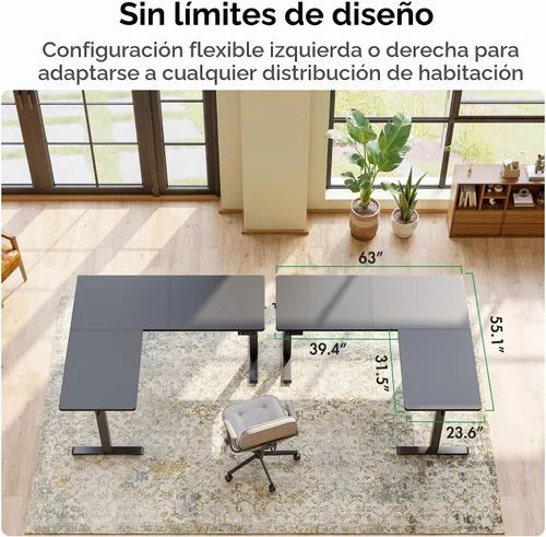 Vista 3 de FEZIBO - Escritorio de pie en forma de L de 63" x 55", altura ajustable, escritorio de computadora de esquina eléctrica de 63 pulgadas, escritorio