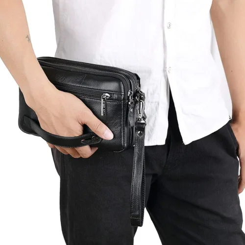 Vista 3 de Hebetag Cartera de cuero para hombre, organizador y bolso de muñeca #06Café