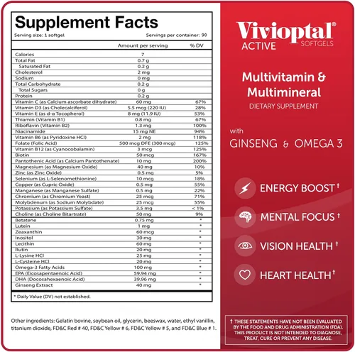 Vista 6 de Vivioptal Active, 90 cápsulas blandas, ginseng y omega 3, multivitamínico y multimineral, sin gluten, fórmula alemana