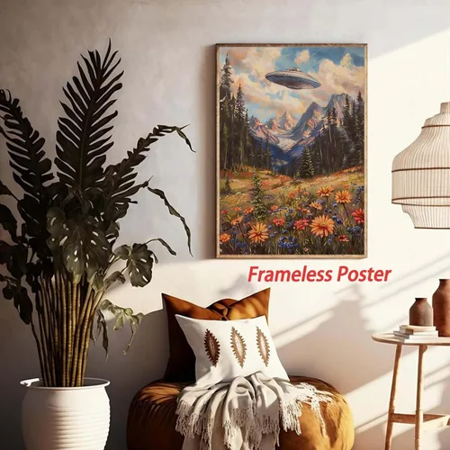 Vista 2 de JCSMHVLA Lienzo retro OVNI para pared, arte extraterrestre, regalos de arte para dormitorio, baño, pared, decoración del hogar, fotos retro de OVNI