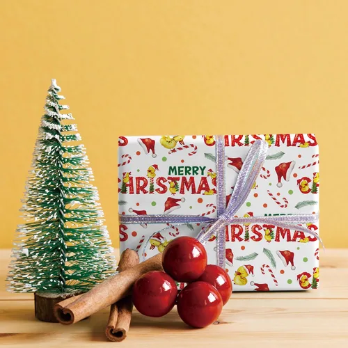 Vista 4 de SaringSwoon Papel de regalo de pato de Navidad, divertido envoltorio de regalo de Navidad con sombreros de Papá Noel, bastones de caramelo, patos
