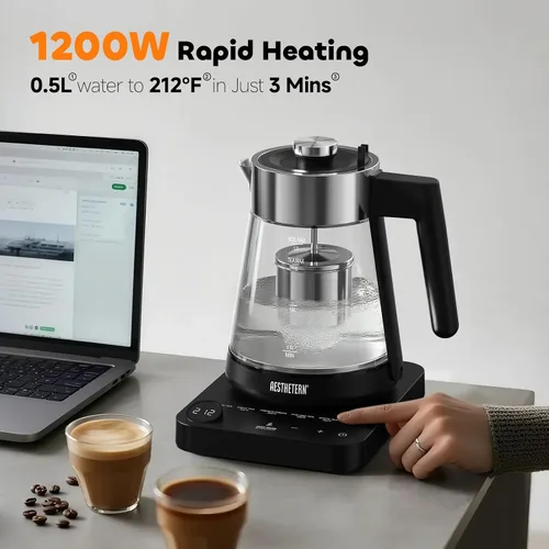 Vista 6 de Hervidor eléctrico de té con infusor Hervidor eléctrico de vidrio de 1.7 L con control de temperatura, 175 °F, temperatura mínima, apagado