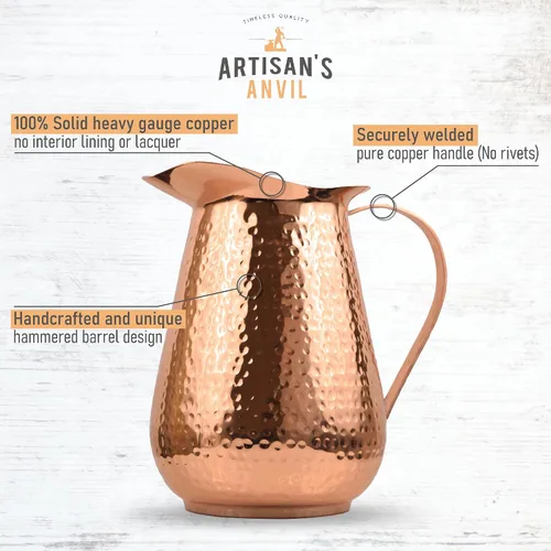 Vista 2 de Jarra de cobre martillado Artisan's Anvil con asa, 100% cobre, resistente, hecha a mano, 70 fl. Oz., mejor para agua, Ayurveda, Moscow Mules