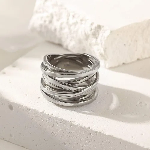 Vista 2 de Jinbaoying Anillo de compromiso de moda con nudo cruzado para mujer, anillo de compromiso de acero inoxidable chapado en oro rosa y plata, Metal,