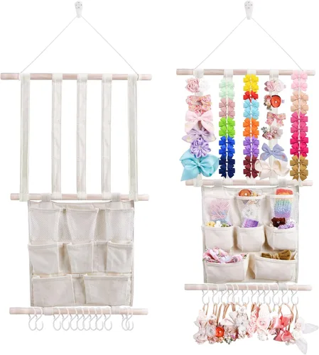 Vista 11 de cherrboll Organizador de lazos para el pelo con soporte para diadema para niñas, colgador de almacenamiento de pinzas para el cabello con ganchos