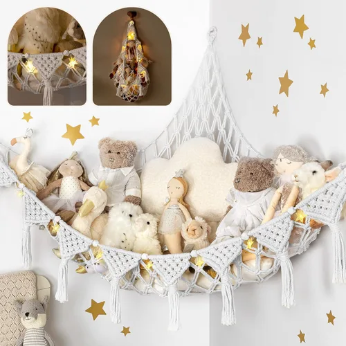 Vista 7 de TIDYTEDS Macramé DreamLights Hamaca de Red de Almacenamiento de Animales de Peluche Boho Extra Grande Soporte de Almacenamiento de Juguetes de Azul