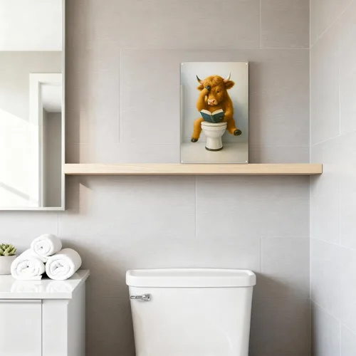 Vista 3 de Madewell Living Divertido letrero de metal de vaca de las montañas, arte de pared, decoración rústica de baño, fotos de vaca marrón para baño, baño