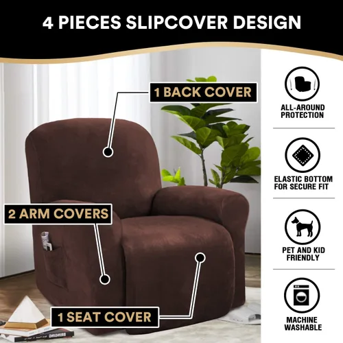 Vista 2 de PrinceDeco Funda para silla reclinable, fundas elásticas de terciopelo para sofá reclinable, estilo de 4 piezas, fundas para sillas reclinables
