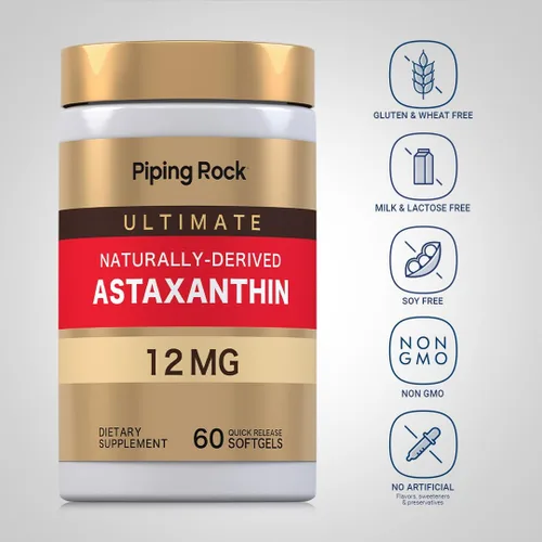 Vista 3 de Piping Rock Astaxantina 12 mg 60 cápsulas blandas de liberación rápida Suplemento de extracto orgánico Sin gluten, sin OMG