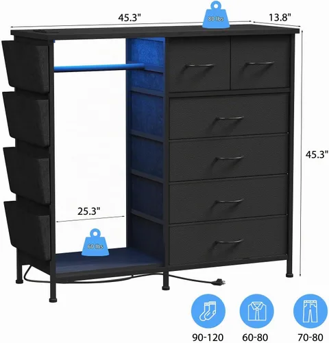 Vista 3 de Cómoda de 6 cajones para dormitorio con perchero para ropa, cómoda para ropa con bolsillos laterales y ganchos, estación de carga y luces LED, parte