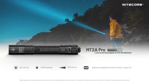 Vista 3 de Nitecore Linterna MT2A Pro EDC, 1000 lúmenes, haz de 279 yardas, recargable USB-C, compatibilidad de doble potencia, linterna delgada compacta e