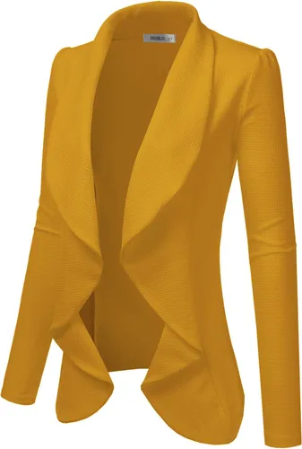 Vista 2 de Doublju Chaqueta clásica con frente abierto y drapeado, manga larga, para negocios, informal, para el trabajo, blazer para mujer, tallas extragrandes