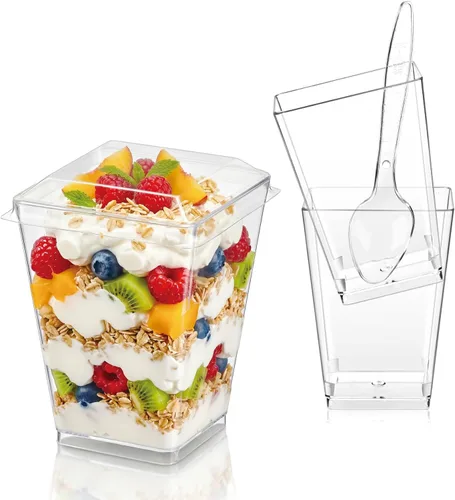 Vista 7 de Hiasobre Paquete de 100 vasos de plástico de 5 onzas para postre con tapas y cucharas, tazas reutilizables de parfait transparente, vasos cuadrados