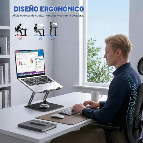 Vista 6 de Soporte para computadora portátil para escritorio, soporte de computadora ajustable con base giratoria de 360°, elevador ergonómico para computadora