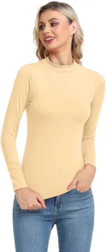 Vista 2 de Camiseta térmica básica de manga larga para mujer, ligera, con cuello alto falso, ajustada, capa suave Beige