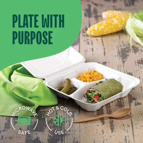 Vista 3 de Recipientes ecológicos para preparación de comidas con 3 compartimentos [paquete de 50 unidades de 8 x 8 x 3 pulgadas], desechables para llevar tipo