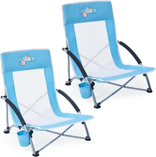 Vista 9 de Old Bahama Bay Paquete de 2 sillas de playa bajas, resistente capacidad de 350 libras, silla de arena plegable ligera con malla transpirable