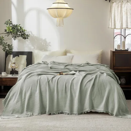 Vista 30 de FOSSA Manta de Muselina con Flecos - Gasa de Algodón 100% de 4 Capas Súper Suave y Transpirable - Manta Decorativa Ligera y Refrescante para Cama