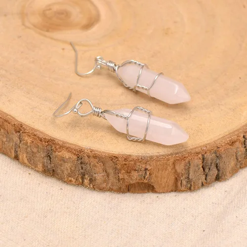 Vista 4 de Pendientes de cristal de punta envuelta en alambre de piedra pulida para mujer Reiki Energy Healing