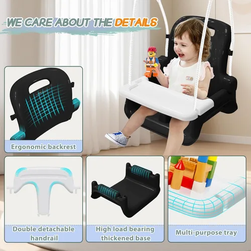 Vista 4 de Columpio mejorado para niños pequeños con bandeja, columpio para bebé al aire libre con diseño desmontable, cinturón de seguridad, marco plegable