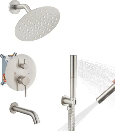 Vista 11 de Airuida Sistema de ducha con boquilla de bañera, cabezal de ducha redondo de 10 pulgadas con 2 funciones, ducha de mano, montaje en pared, juego