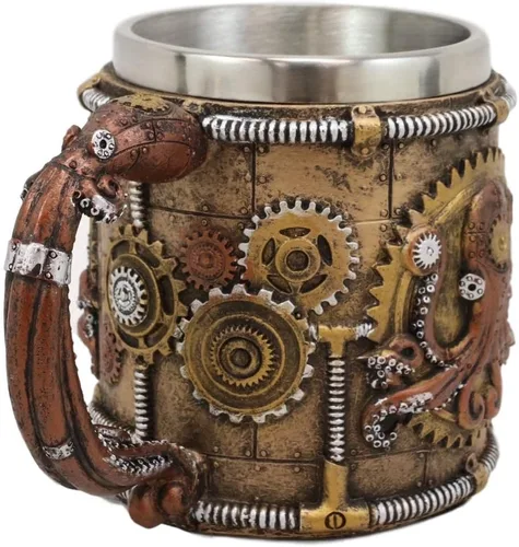 Vista 3 de Ebros Brazen Steampunk Kraken Octopus Cyborg con válvulas de engranajes robóticos esculpidos y tuberías Beverage Drinkware Serveware decorativo Taza