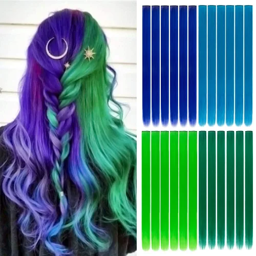 Vista 18 de 20 extensiones de cabello con clip de colores para niñas, extensiones de cabello arcoíris multicolor de 20 pulgadas, reflejos instantáneos, piezas