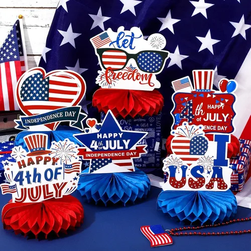 Vista 5 de Centro de mesa del 4 de julio, 10 piezas de centro de mesa patriótico, decoración de mesa para el Día de los Caídos, centros de mesa de panal azul