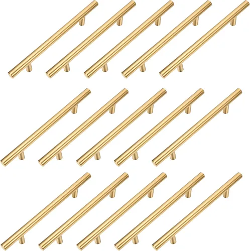 Vista 9 de Paquete de 15 tiradores de acero inoxidable dorado cepillado con barra en T para muebles, cocina, armario, cajón, manija de puerta, pomos