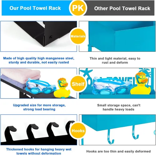 Vista 6 de Toalleros de piscina con estante 8 ganchos para piscina, baño, montaje en pared, toallero, soporte para toallas, soporte de acero al carbono