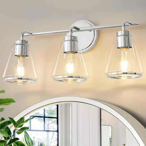 Vista 18 de Accesorios de iluminación de baño sobre espejo Luces de tocador doradas de 2 luces con pantalla de vidrio transparente de 14 pulgadas Luces