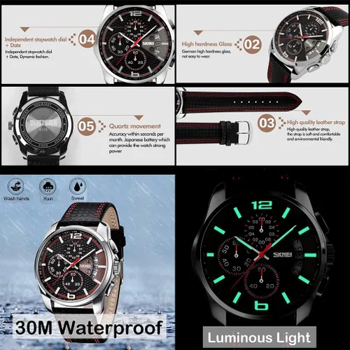 Vista 4 de SKMEI Men Watches Black Leather Band Sports Large Big Face Luxury Waterproof Luminous Fashion Dress Casual Analog Quartz Chronograph Father Gifts