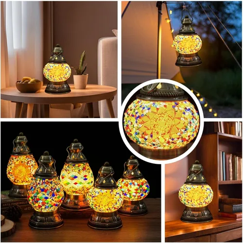 Vista 5 de Lámpara de mosaico turco recargable mejorada, hecha a mano, estilo marroquí, luz de campamento con batería de 1800 mAh, banco de energía USB