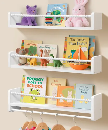 Vista 9 de Juego de 3 estantes para libros de guardería para pared, estantes de madera natural, decoración de pared, pequeño organizador flotante